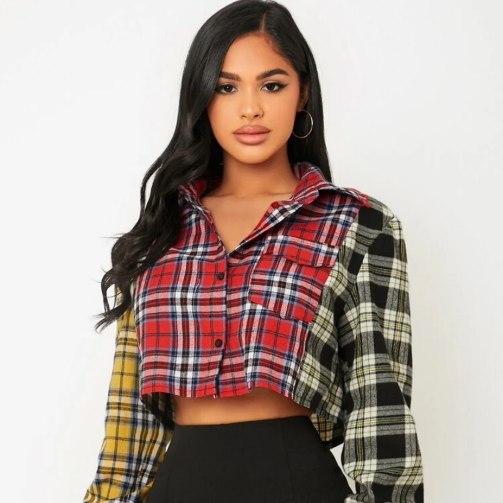 Plaid button down cropped blouse/shirt